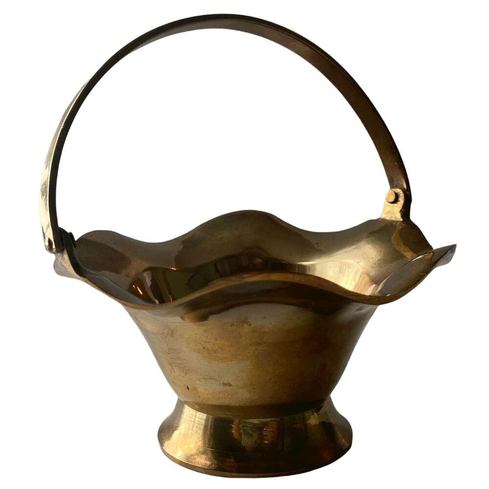 Solid Brass Basket Movable Handled Ruffled Edge Vintage Footed Mid Century
